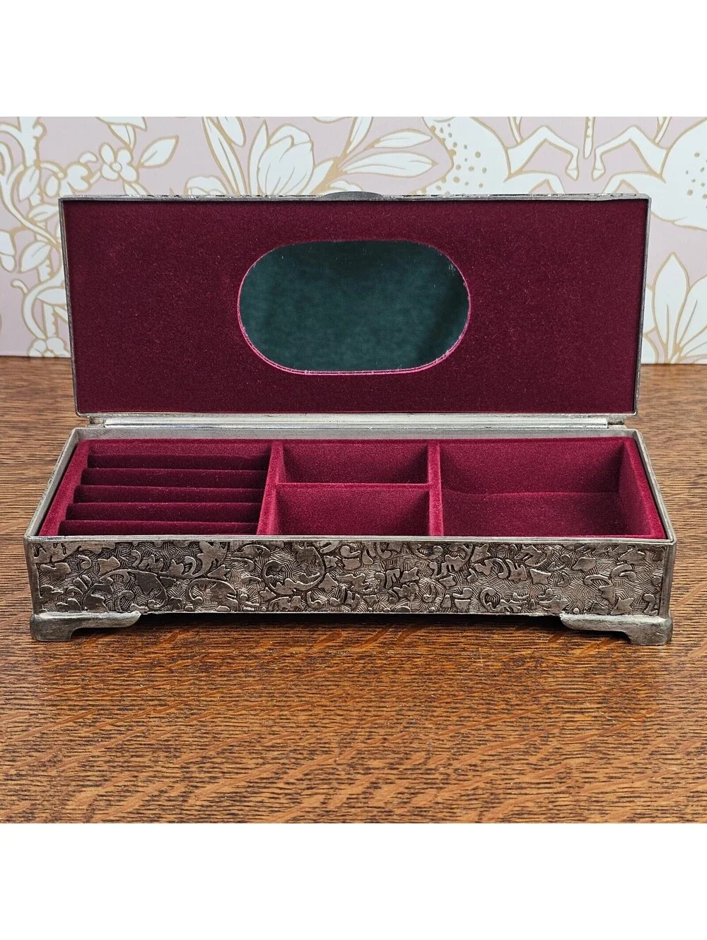 Vintage International Silver Co Silverplate Jewelry Box Mirror Velvet 9